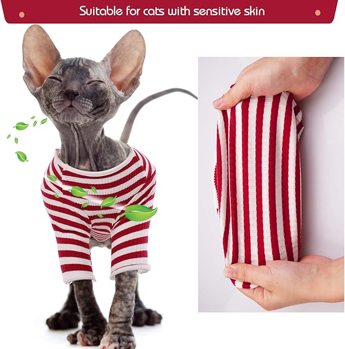 DENTRUN Hairless Cats Shirt Breathable Cat Daily Wear Clothes Stripe Vest Adorable Pajamas Jumpsuit Soft & Skin-Friendly