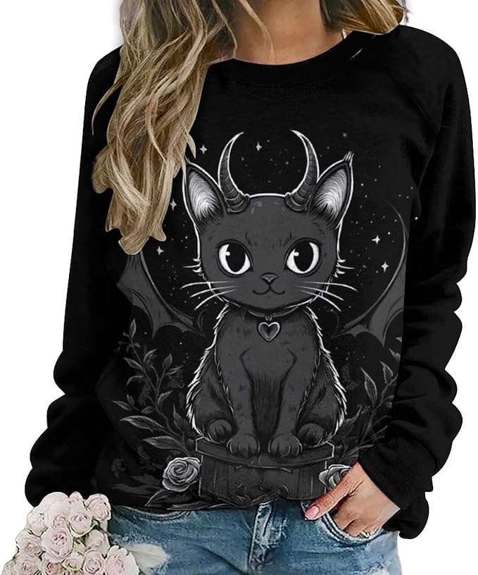 Halloween Sweatshirts for Women Black Cat Print Pullover Crewneck Oversized 2024 Fall Fashion Casual Warm Shirt
