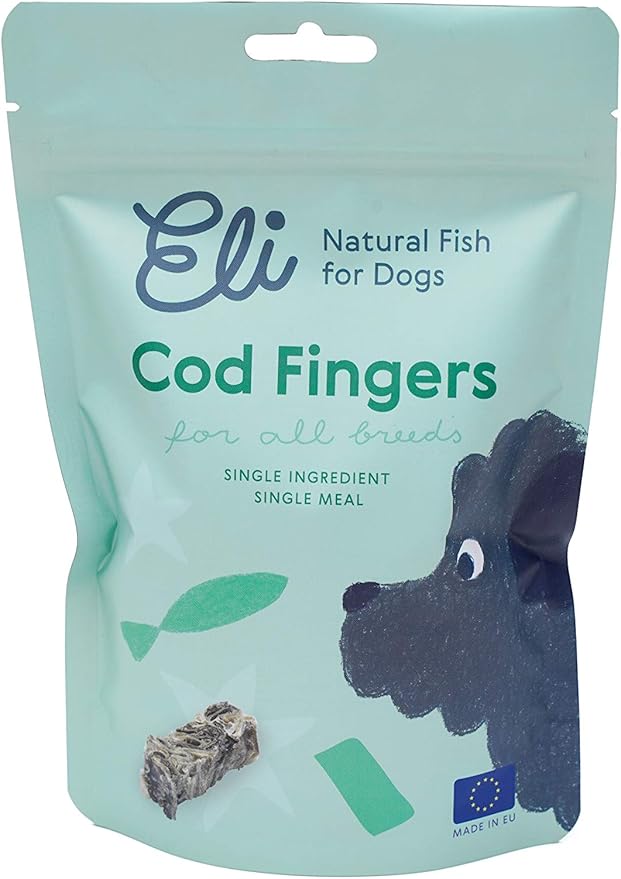 Eli Cod Skin Fingers – A Natural, Crispy Fish Skin Stick Treat for Dogs, High in Protein and Omega-3, Ideal for Teeth Cleaning, Single Ingredient, Grain Free, Gluten Free, Air Dried – 3 Pack
