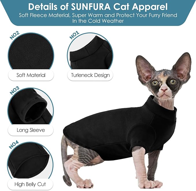 SUNFURA Turtleneck Sweater for Cat, Sphynx Cats Shirt Hairless Cat Sweaters with Sleeves, Warm and Soft Kitten Pullover Fleece Winter Pajamas Jumpsuit for Puppy Cats, Black M