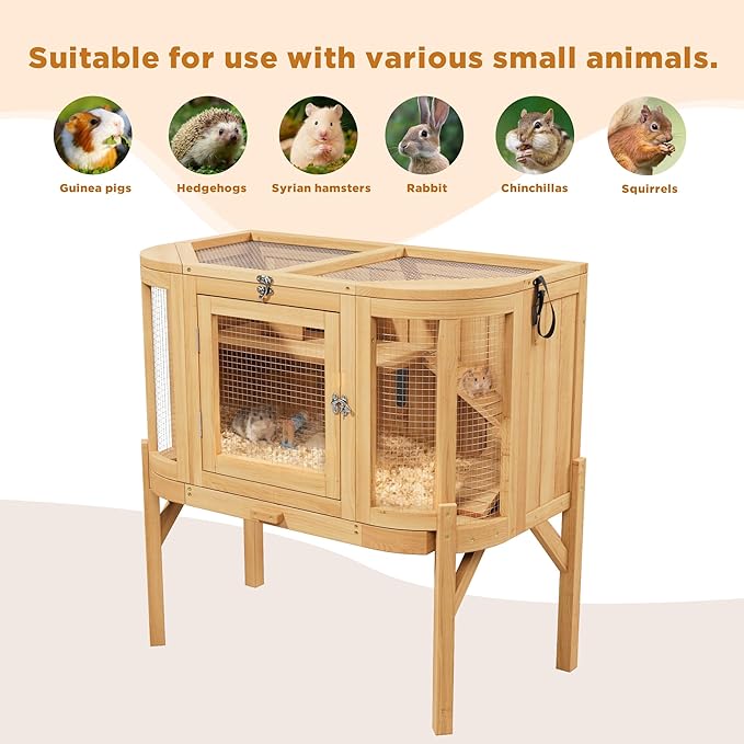 Wooden Hamster Cages with Stand, Deep Pull-Out Tray, Hamster Cage and Habitat with Locking Mechanism, Chew-Proof Guinea Pig Cage, Hamster House (Natural Wood)