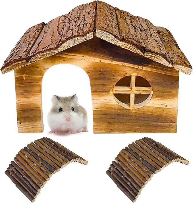 Hamiledyi Hamster Hideout Wooden Hamster House and Bridge with Windows Habitats Decor for Rat Gerbils Mice Playing Hiding