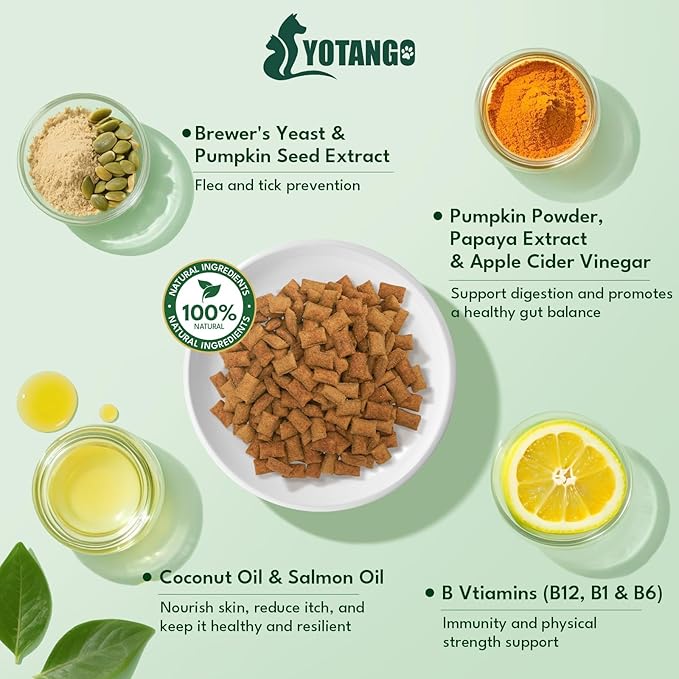 YOTANGO Cat Flea Treatment Crunchy & Creamy Chewables, 500 Chews Natural Flea and Tick Prevention for Cats + Skin and Coat Support, Daily Oral Supplement Chewables for Cats and Kittens (Salmon Flavor)