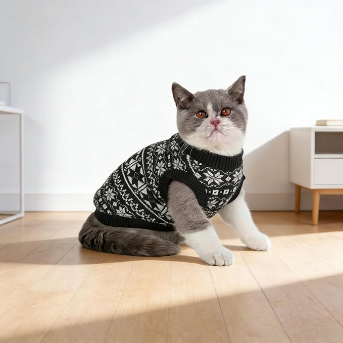 Cat Jumpers for Cats Only-Soft Warm Knitted Cat Sweater,Fair Isle Cats Jumper,XS Kitten Jumper,Kitten Winter Clothes & Pet Sweater for Kittens(Black & White Jacquard,Fair Isle Pattern).(M)