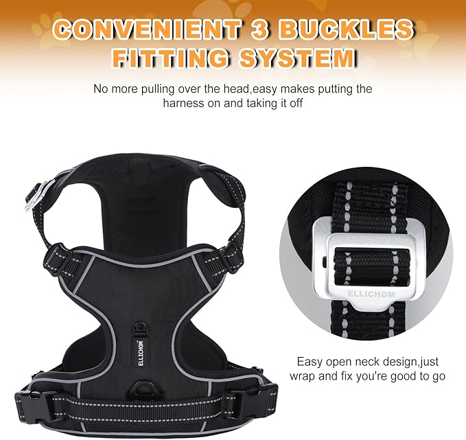 No Pull Dog Harness with 3 Snap Buckles,No Choke Front Lead pet Harness Reflective and Adjustable Soft Padded Vest for Small Medium Large Dog (Black, Large)