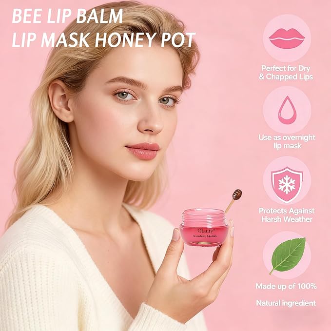 10 PCS Bee Lip Balm Lip Mask Honey Pot,Strawberry,Watermelon,Cherry,Peach,Apple Lime,Mint,Honey Lip Balm Bulk Gifts Lip Sleeping Mask Overnight Lip Moisturizer,Mothers Day Gifts,Party Favors for Women