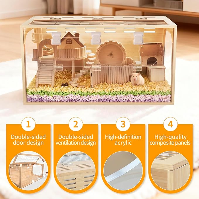 Durable Hamster Cage,Large Hamster Cages and Habitats,Thickened Acrylic Small Animal Cage,Top & Front Openable,Breathable & Easy to Assemble