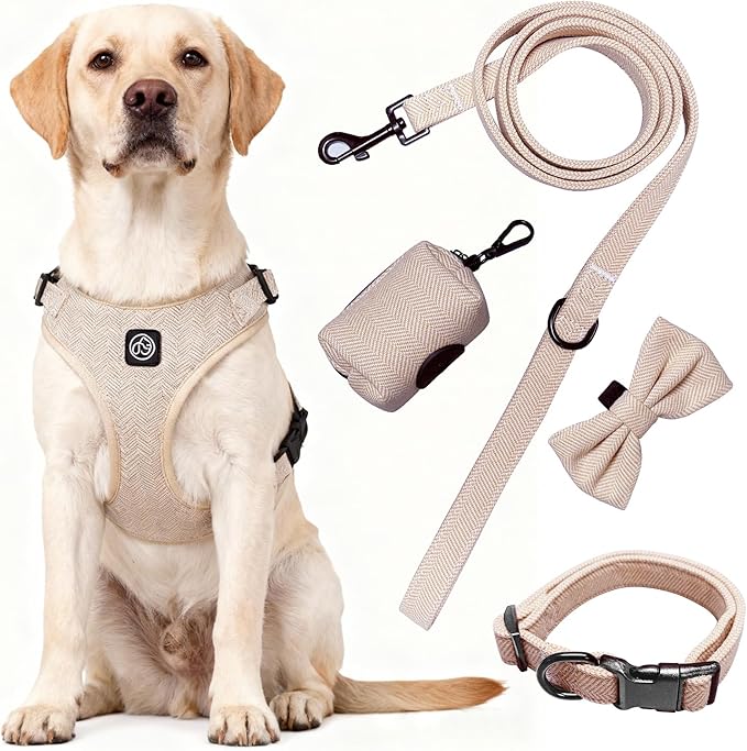 EVERKING 5-Piece Dog Travel Set, Adjustable Harness, Leash, Collar, Poop Bags, Bowtie for Small Medium Dogs, Beige, Breathable No-Pull Design (Beige, XXS)