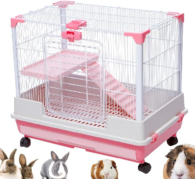 Pink Large Deluxe Indoor Outdoor Guinea Pig Chinchilla Ferret Squirrel Hedgehog Kitten Rabbit Bunny Hutch House Critter Habitat Easy Pull Out Clean 2-Inch Deep Tray with Rolling Casters