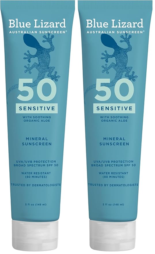 BLUE LIZARD Mineral Sunscreen, SPF 50+, Tube, Zinc Oxide | Water Resistant | Fragrance Free | For Sensitive Skin | 5 Fl Oz Pack of 2