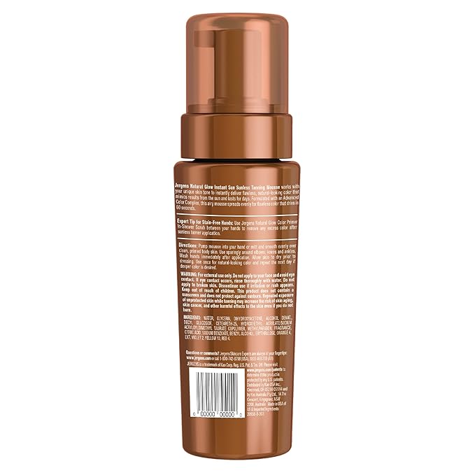 Jergens Natural Glow Instant Sun Body Mousse, Self Tanner for Deep Bronze Tan, Sunless Tanning Body Bronzer for Natural Looking Color Instantly, 6 Oz