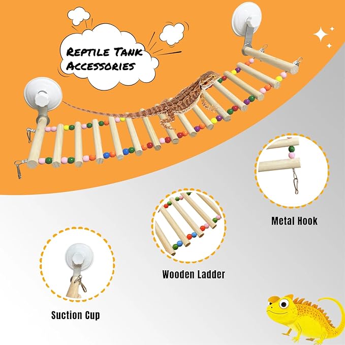 Bearded Dragon Tank Accessories, Wooden Ladder Hammock with Suction Cups for Terrarium, Habitat Climbing Accessories for Bearded Dragon, Gecko, Snake and Other Small Reptile