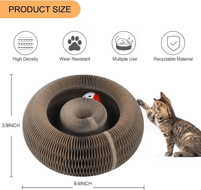Magic Organ Cat Scratching Board, Interactive Scratch Toys with a Ball, Cat Scratcher for Grinding Claw, Recyclable and Durable, Furniture Protector, Retractable, Brown, Reversible