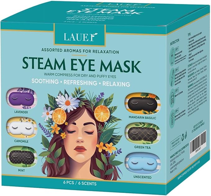 Heated Eye Steam Mask Dry Eyes Self Warm Compress Dark Circles Puffiness Set of Scent (Lavender, Chamomile, Green Tea, Mint, Mandarin Basilic, Unscented) Pack of 6 Masks for Women