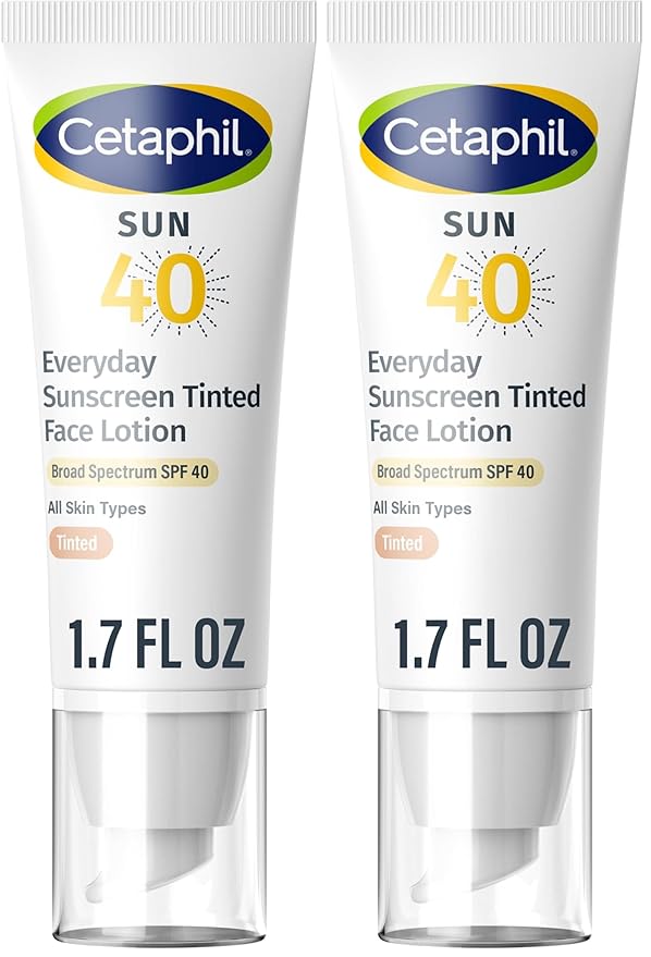 CETAPHIL Everyday Sunscreen Tinted Lotion for Face,1.7 fl oz,100% UVA/UVB Mineral Sunscreen: Titanium Dioxide & Zinc Oxide,SPF 40,For Sensitive Skin,(Pack of 2)