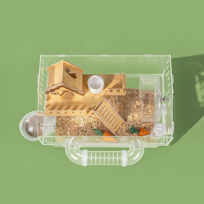 Clear Acrylic Hamster Cage, Dwarf Hamster Cage, Mouse Cage, Gerbil Cage - All-in-One Hamster Habitat with 18cm Silent Wheel, Tubes & Full Kit, 17.7×11.8×13" for Dwarf Hamsters, Mice, Gerbils
