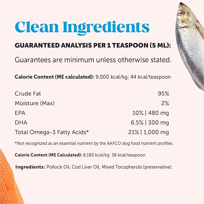 Omega 3 Fish Oil Supplement for Dogs & Cats (16oz), Wild Caught Omega 3 Fish Oil for Skin and Coat Health, Supports Shedding, Skin & Coat, Immunity, Joint, Brain & Heart, EPA + DHA