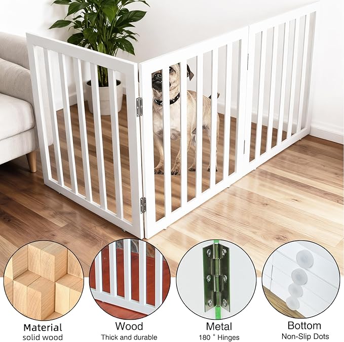 ZJSF Freestanding Indoor Dog Gate for House Foldable Wood White Puppy Gate for Doorways Pet Gate for Stairs Extra Wide Pet Fence 32" Height 3 Panels