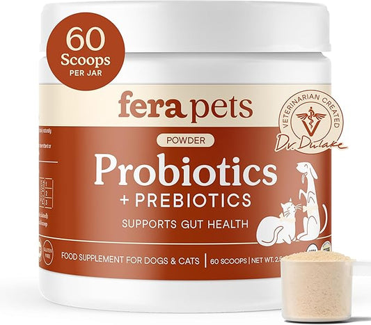 Fera Pets Probiotics for Dogs & Cats with Prebiotics - USDA Organic - Gut Health Powder Supplement with 12 Strains and 5 Billion CFUs - Supports Immunity, Energy and Skin & Coat - 60 Scoops