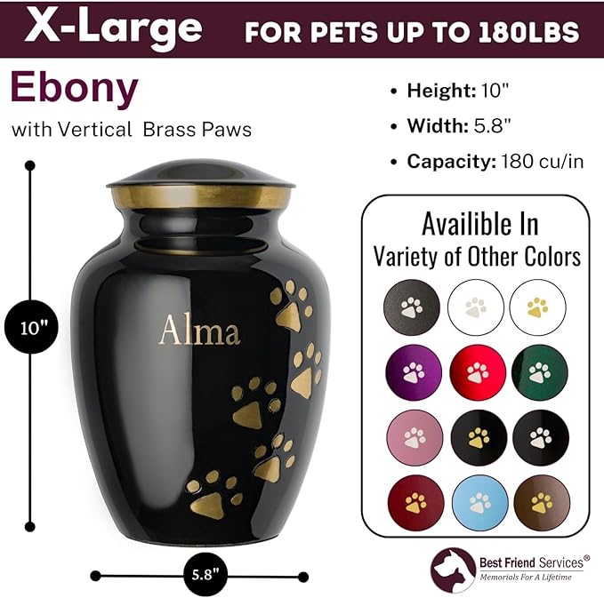Pet Urn for Dogs and Cats with Personalized Laser Engraving, Ottillie Paws Premier Series Memorial Urns (X-Large Ebony with Vertical Brass Paws)