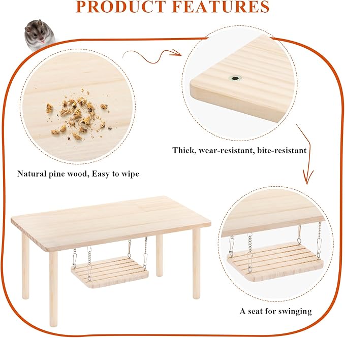 Large Natural Wooden Hamster Activity Platform with Hanging Swing, Multi-Layer Play Platform, Suitable for Climbing Toys for Small Animals Such as Dwarf Hamsters and Syrian Hamsters to Play with