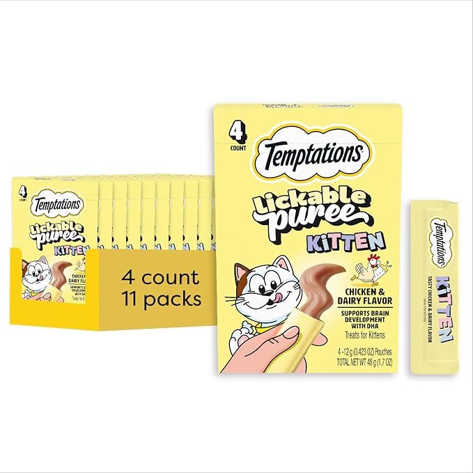 Temptations Puree Kitten Cat Treats Lickable, Chicken & Dairy Flavor, 4 Pouches (Pack of 11)