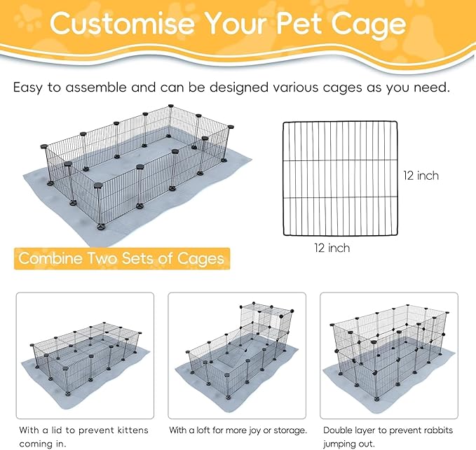 CHEGRON Portable Guinea Pig Cages with Liner & C&C Grids Rabbit Cages Small Animal Cage PVC Bottom Small Animal Playpen for Rabbit Bunny Hedgehog Chinchilla 12PCS Metal Grids 48"x24"x12"