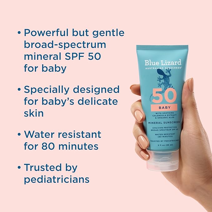 BLUE LIZARD Baby Mineral Sunscreen with Zinc Oxide, SPF 50+, Water Resistant, UVA/UVB Protection with Smart Cap Technology - Fragrance Free, 3 Ounce Tube