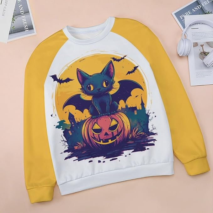 Halloween Sweatshirts for Women Black Cat Print Pullover Crewneck Oversized 2024 Fall Fashion Casual Warm Shirt