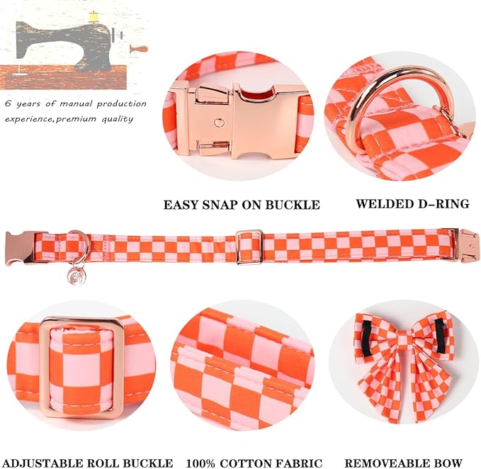 DOGWONG Orange Pink Plaid Dog Collar with Bow - Adjustable and Comfortable Autumn Dog Collar Fall Necklace for Large Medium Small Pet