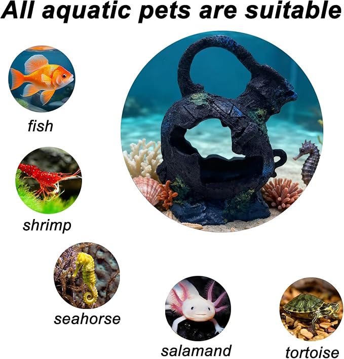 Aquarium Decoration - Fish Tank Cave Decoration Accessories Resin Classical Ceramic Jar Ornaments Betta Fish, Shrimp, Cichlid Rest, Entertainment, and Breeding Spacious Hide and Play Place