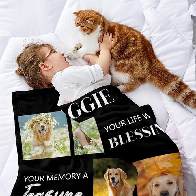 Custom Throw Mermorial Blanket with Dog Cat Pet Pictures & Name, Dog Memorial Blanket Personalized Memory Gift for Family and Friends Customized Bed Throw Blanket Sympathy Remembrance Made in USA