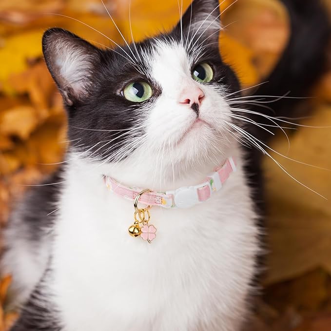 2 Pack Cotton Breakaway Cat Collar Purple and Pink Flowers Pendant Cute Kitten Cat Collar with Bell