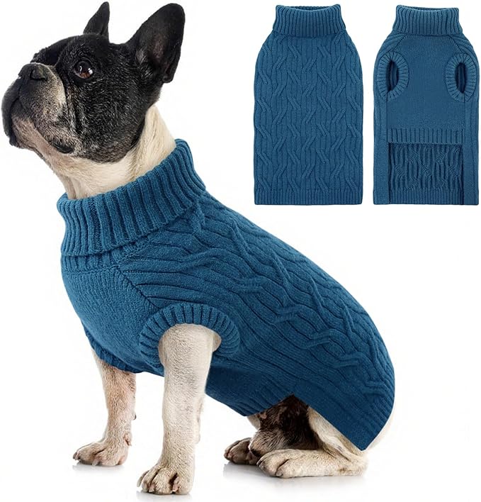 Queenmore Dog Sweater for Medium Dogs Girls Boys,Classic Turtleneck Thick Warm Dog Sweaters,Cold Weather Cable Knitwear,Sleeveless Medium Doggy Dachshund Sweaters for Dogs Cats Boy or Girl(Blue,M)