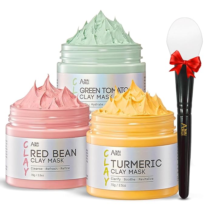 ANAI RUI 3 Pcs Pore Cleansing Face Mask Set Green Tomato Clay Mask - Turmeric Vitamin C Facial Mask Red Bean Refreshing Pore Mask, Relaxing Spa Gift Set Self Care for Women/Teens Girls 2.5 oz each