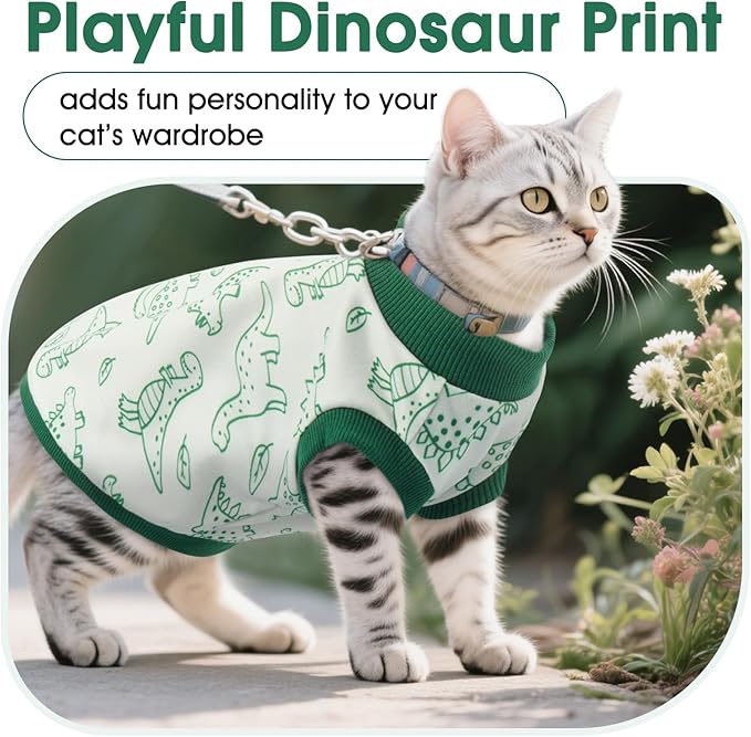 DENTRUN Sleeveless Cat Vest with Dinosaur Print, Breathable Ultra-Soft Dralon Fleece Cat Sweater, All-Season Pet Costume Apparel for Cats, Kitten Clothing for Indoor/Outdoor, Green, XXL