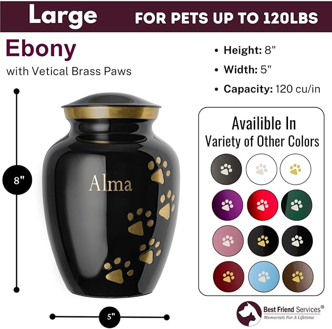 Pet Urn for Dogs and Cats with Personalized Laser Engraving, Ottillie Paws Premier Series Memorial Urns (Large Ebony with Vertical Brass Paws)
