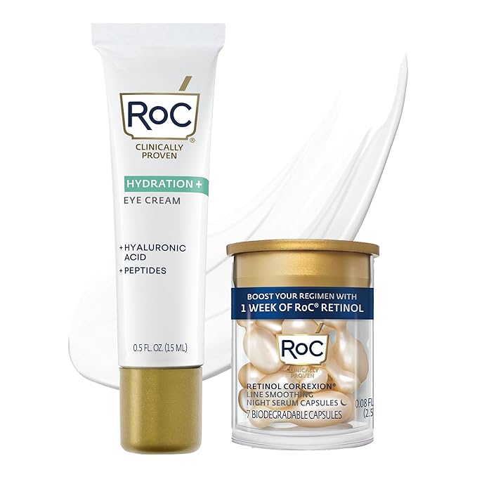 RoC Multi Correxion Hyaluronic Acid Anti Aging Under Eye Cream for Puffiness & Dark Circles (.5 OZ) + RoC Retinol Capsules (7 CT), Skin Care Routine, Fragrance & Paraben Free for Women and Men