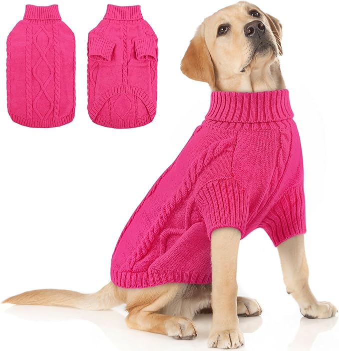 Queenmore Dog Sweater Large Size,Warm Dog Sweaters for Big Dogs,Chunky Knitted Doggy Sweater for Extra Large Dogs Boy Girl, Big Doggie Turtleneck Winter Outfit (Fuchsia,2XL)