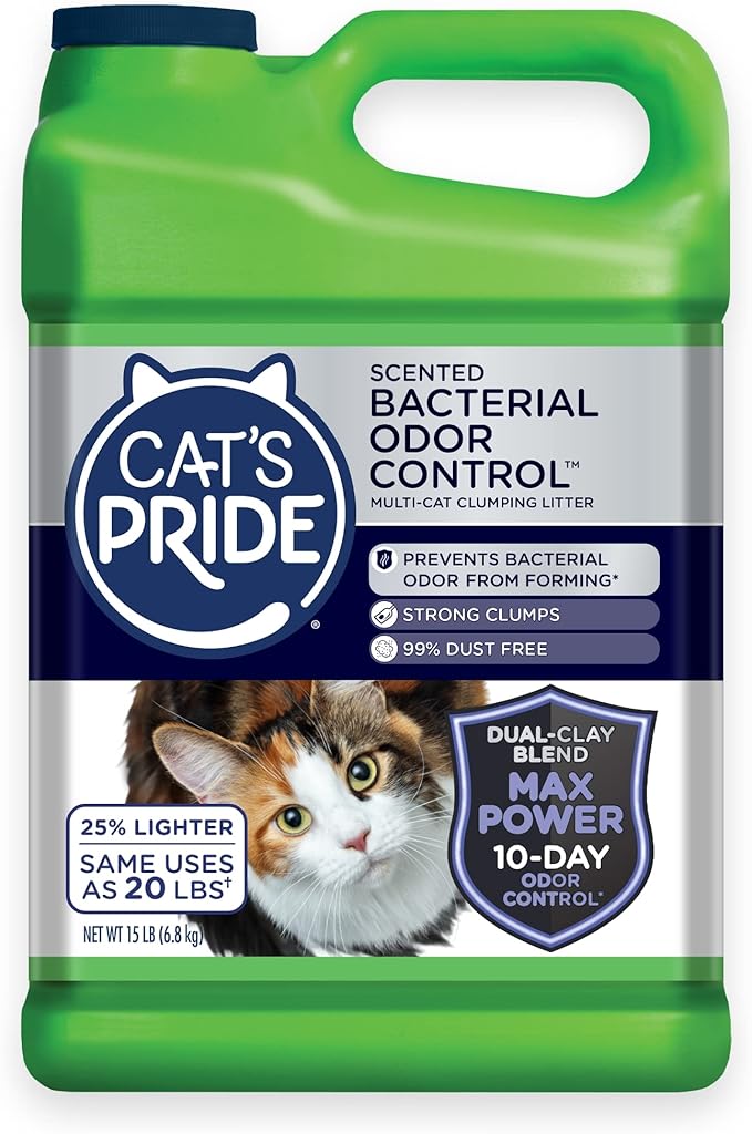Cat's Pride Max Power: Bacterial Odor Control - Up to 10 Days of Powerful Odor Control - Strong Clumping - 99% Dust Free - Multi-Cat Litter, Scented, 15 Pounds