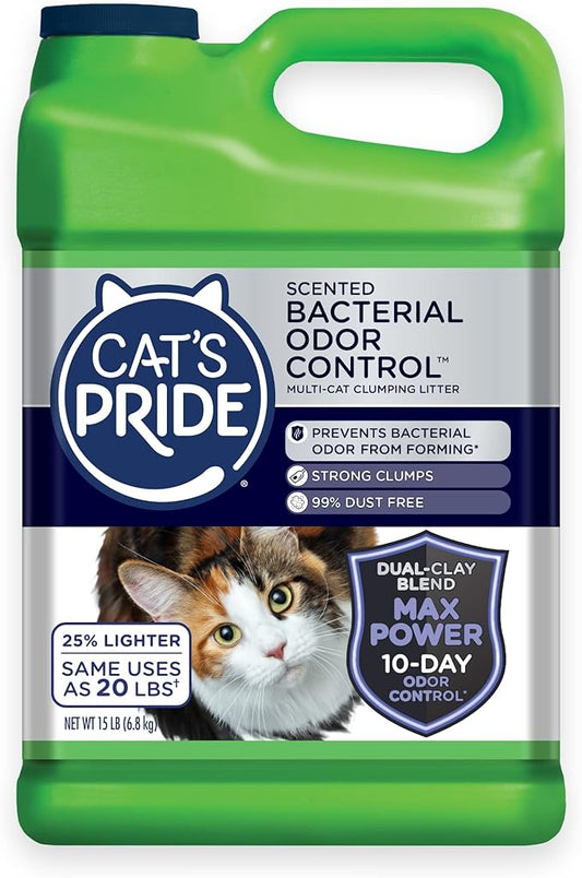 Cat's Pride Max Power: Bacterial Odor Control - Up to 10 Days of Powerful Odor Control - Strong Clumping - 99% Dust Free - Multi-Cat Litter, Scented, 15 Pounds
