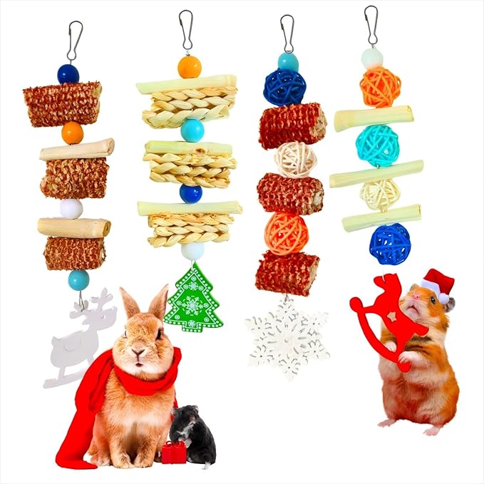 Christmas Bunny Chew Toys,Natural Chinchilla Chew and Treats Toys,Rabbit Toys for Guinea Pigs Hamster Gerbils Chinchilla and Other Small Pets(4pcs)