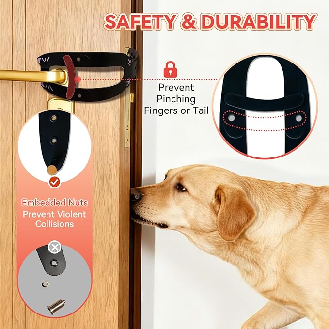 Cat Door Latch,2 Pcs Door Prop for Cats to Keep Dogs Out of Litter Box and Food, Preventing Hand Pinching, Cat Door Stopper with 6 Adjustable Straps 2.5-6.5" Wide, Including Door Plate, Black