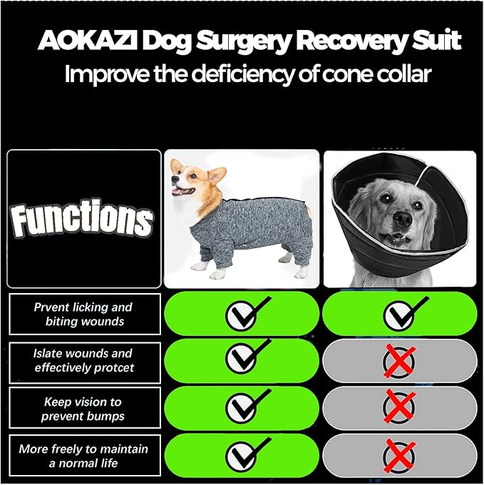 Dog Surgery Recovery Suit, Puppy Cat Onesie for Shedding Skin Disease Wound Protection, Medical Pet Surgical Suit w/Long Sleeve, Dog Pajamas (Black Grey, Small)