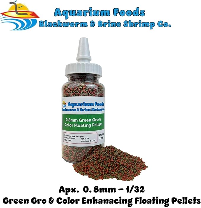Aquatic Foods Inc. 0.8mm Micro Pellet Mix of Intense Color Enhancing & Spirulina Green GRO Floating Pellets for Guppies, Tetras, Bettas, Nano Fish, Baby Fish…2.5oz Squeeze Bottle