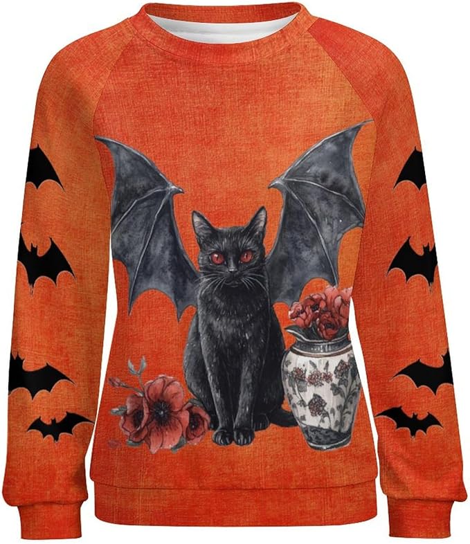 Halloween Sweatshirts for Women Black Cat Print Pullover Crewneck Oversized 2024 Fall Fashion Casual Warm Shirt