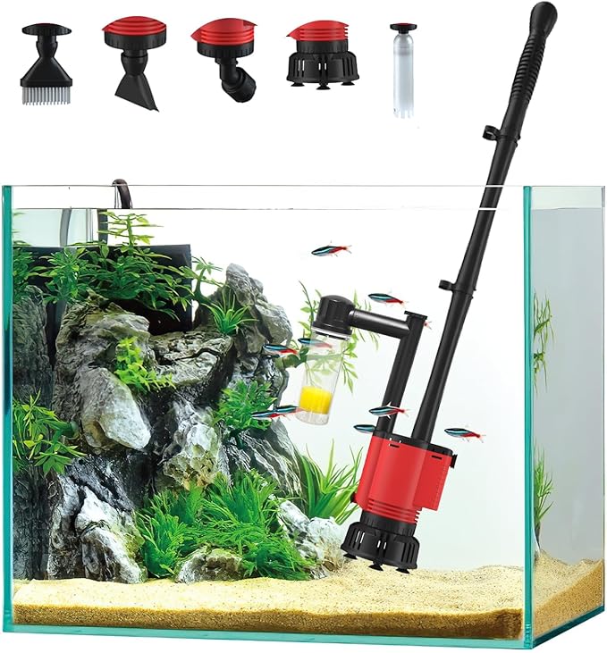 Electric Aquarium Gravel Cleaner Vacuum, Removable Water Changer, Automatic Changer with Multi-Function Nozzles, Strong Suction for Fish Tank Sand Cleaning, Water Changing and Waste Removal