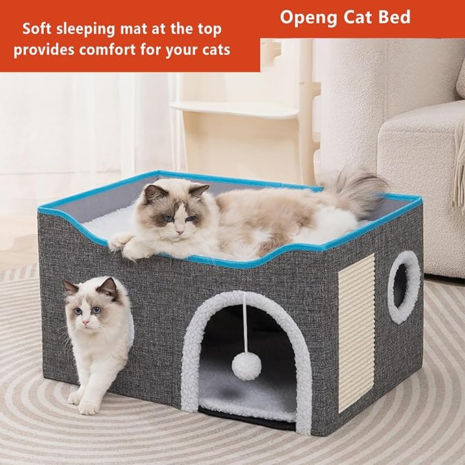 Foldable cat Bed, Cat Beds for Indoor Cats, Large Cat Cave for Pet Cat House with Fluffy Ball Hanging and Scratch Pad, Providing Entertainment for Cats (Grey, Double)