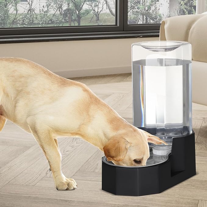 Sfozstra Large Dog Water Dispenser: 8L Automatic Black Stainless Steel Water Feeder with Specialized Brush - Gravity Design for Pets with Joint Issues - Use in Living Room Bedroom