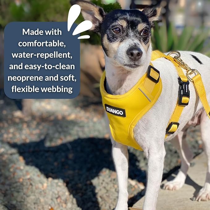 DJANGO Adventure Dog Harness - Stylish Large Dog Harness for Outdoor Adventures and Everyday Wear - Dandelion Yellow Neoprene Adjustable Harness for Dogs with Reflective Piping and Solid Brass D-Ring